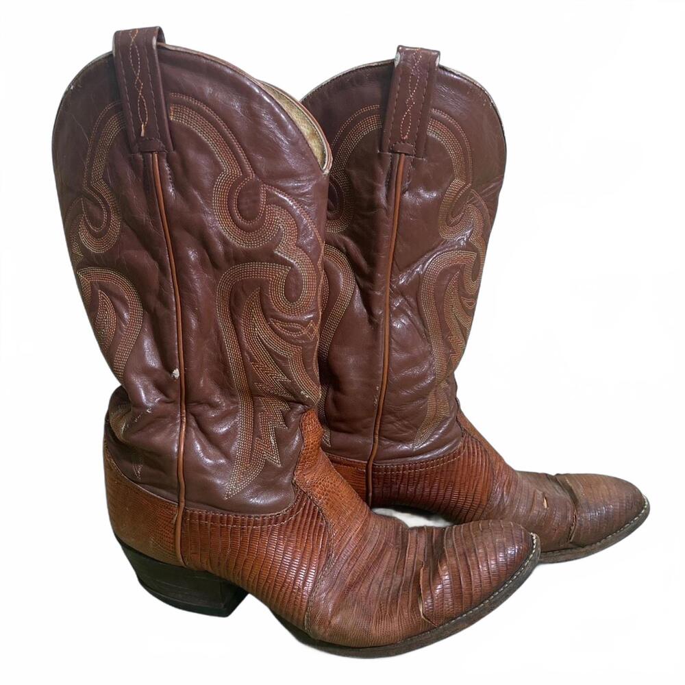 Vintage Tony Lama Lizard Skin Cowboy Boots Mens Size 10.5 D EU 44.5 Distressed
